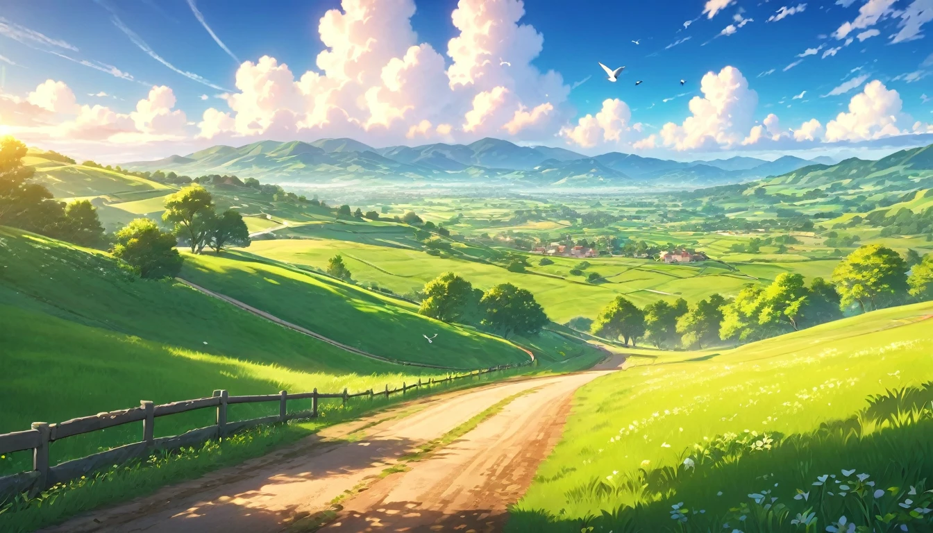 A beautiful countryside landscape, rolling green hills, winding dirt road, anime style, spring season, warm sunlight, fluffy clouds in the sky, birds flying, lush vegetation, serene atmosphere, vibrant colors, highly detailed, 8k, photorealistic, cinematic lighting, masterpiece
