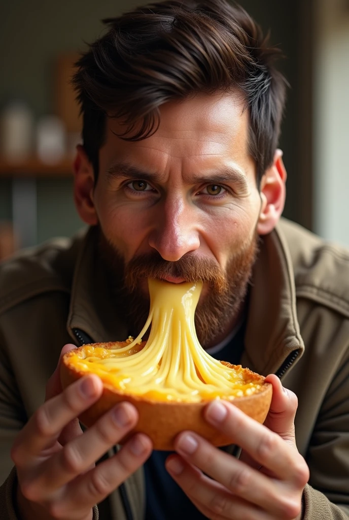 I want Messi eating a cheese bread