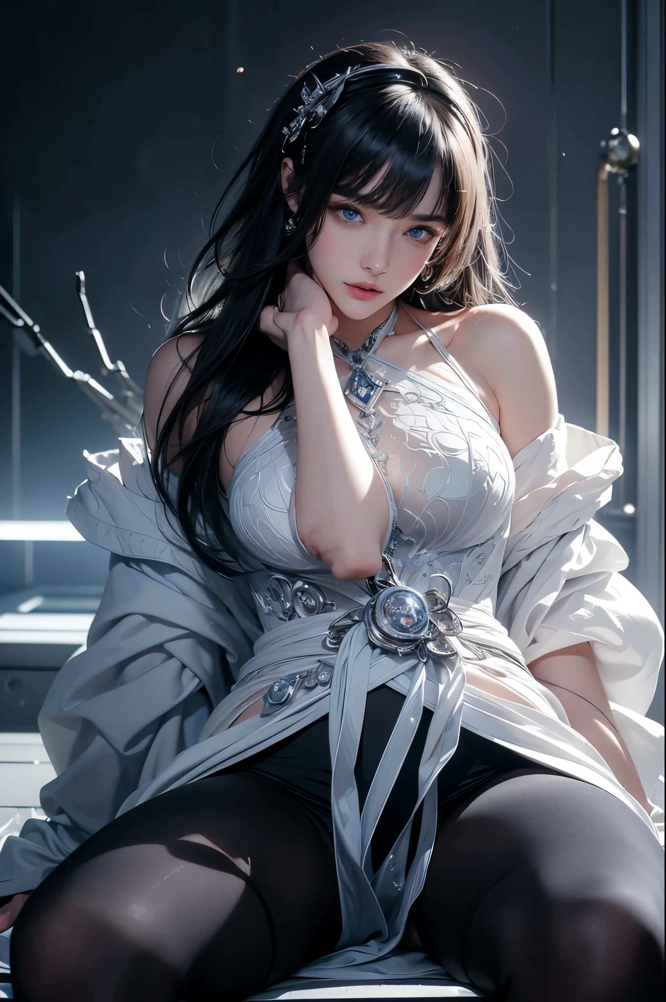 masterpiece, Highest quality, Very detailed, To the camera, 複雑に詳細なVery detailed, Realistic, Sharp features, Very detailed, Sharp focus, Perfect Face, Perfect Face, Perfect symmetry and perfect eyes, Perfect Plump Lips, Flexible female form, Cinematic, Film Light, Very detailed, hyper Realistic, masterpiece, Atmospheric, High resolution, Vibrant, Dynamic Studio Lighting, ((Dark Background)), The expression when enduring pleasure, Straight bangs, blue eyes,Kneel down and put your hands on your crotch.、、Sexuused expressions、No clothes、NSFW,((top quality、8k、masterpiece:1.3))Wears a silver-white mech,girl with delicate face,Highest image quality,Ultra-clear,Delicate and clear facial features,end of the world,Mechanical arm,Exquisitely detailed mechanical pattern,Cyberpunk characters、numbercity、number、century、throne