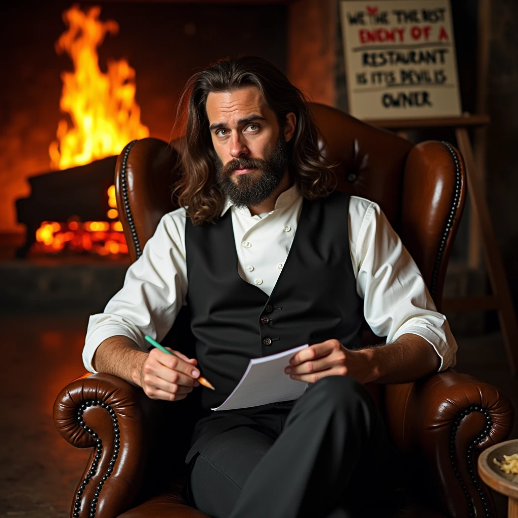 A man with long hair, a mustache and a beard, sitting in a leather armchair around a fire, dressed as a chef, with brown squinting eyes, holding a pencil and paper, legs crossed, and a sign that says the worst enemy of a restaurant is its owner att the devil