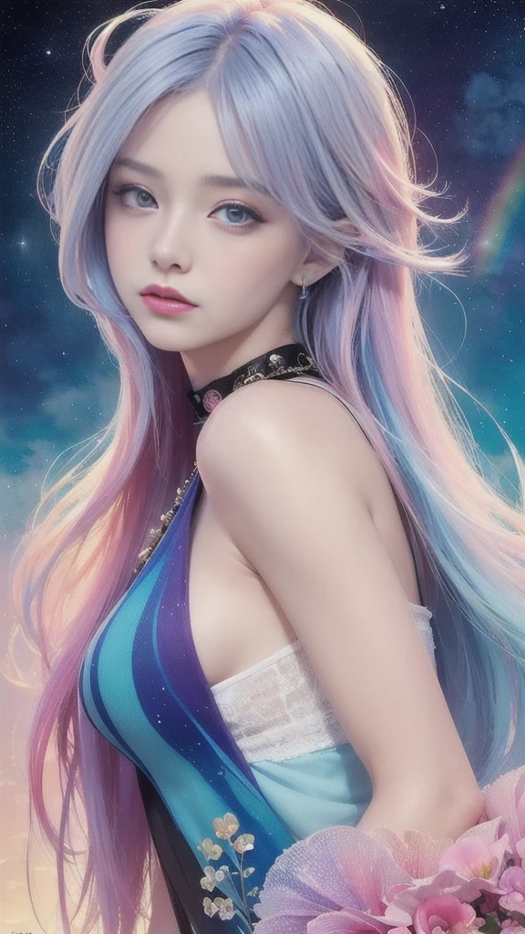 (masterpiece, Top quality, best quality,watercolor (Moderate),Official Art, beautiful and aesthetic:1.2),(1 Girl:1.3), (Fractal Art:1.3),Upper Body, from the side, Looking at the audience,model,(Rainbow Hair,rich and colorful hair,Half blue half pink hair:1.2),water,liquid, cloud,rich and colorful, Starry Sky,Star,