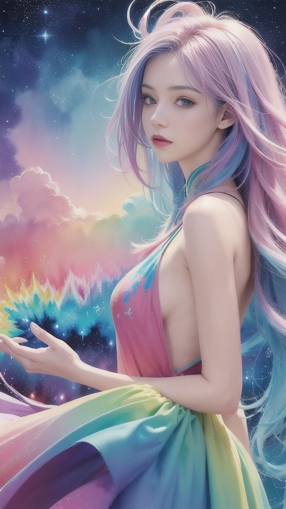 (masterpiece, Top quality, best quality,watercolor (Moderate),Official Art, beautiful and aesthetic:1.2),(1 Girl:1.3), (Fractal Art:1.3),Upper Body, from the side, Looking at the audience,model,(Rainbow Hair,rich and colorful hair,Half blue half pink hair:1.2),water,liquid, cloud,rich and colorful, Starry Sky,Star,