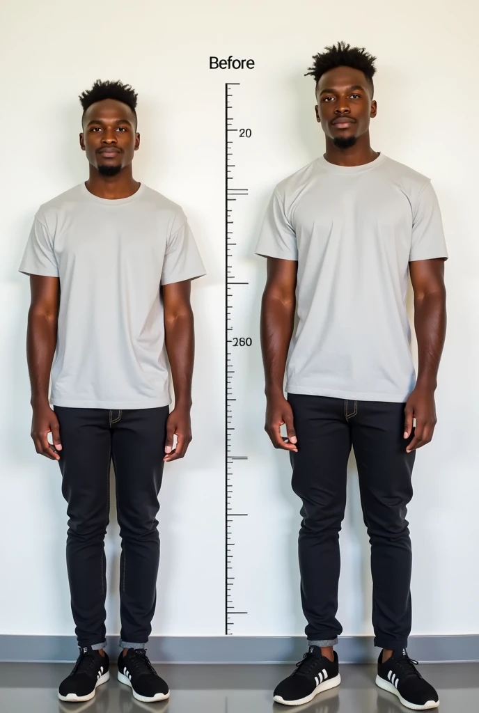 A before and after picture of a 25 years old brown skinned man who increased his height by ten centimeters, make him stand in front of a white wall, make him wear a t shirt