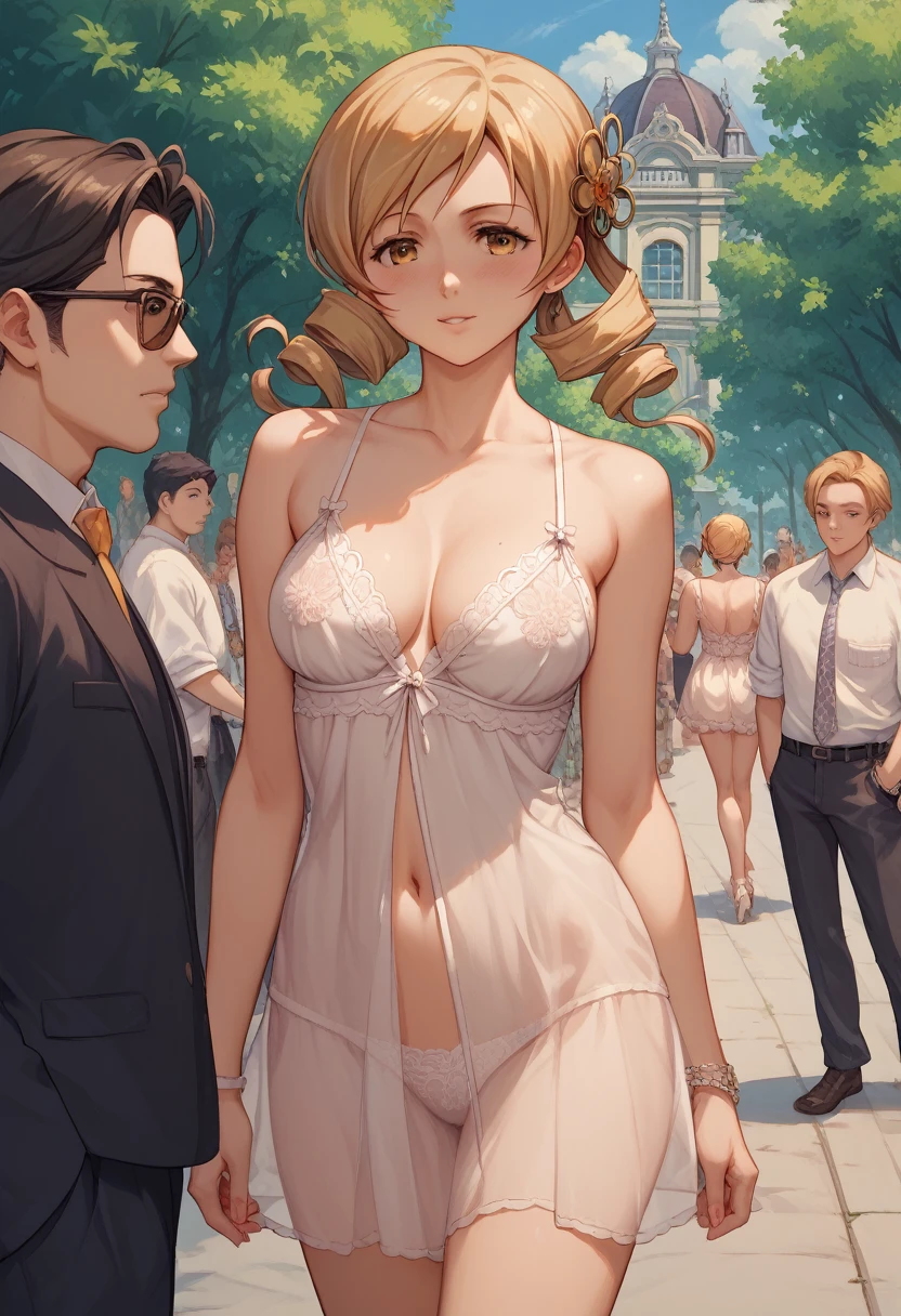 mami tomoe, a beautiful women in a sheer nightgown, immoral charactor, middle-aged housewife, loves gangbang, public men's urinal in a park, viewed from a distance, anime-style illustration, masterpiece, absolute highest quality