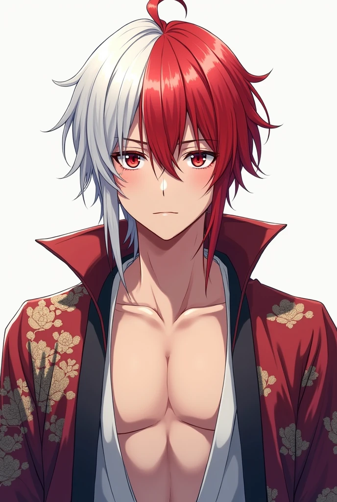 Anime man wearing a haori (like Demon Slayer) open on the chest, with white shoulder-length hair and red tips in the front. The man is 20 years old