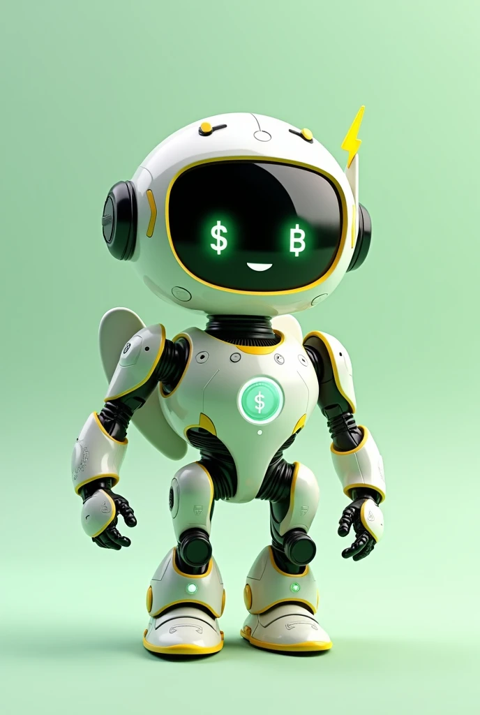 Create a mascot for the startup Pague Bem Brasil, a fintech focused on automated billing solutions and efficient communication with clients through channels like WhatsApp. The mascot should represent the company's values: innovation, efficiency, accessibility, and a friendly yet professional approach. The design should be inspired by the colors and style of the company’s official logo, which uses green, yellow, and white, and it must incorporate the dollar sign, which is the brand's symbol.

The mascot should have a sleek, modern, and futuristic appearance, resembling a friendly robot with rounded features. It should have expressive eyes, a big smile, and a welcoming demeanor. The body should incorporate elements like gears or a lightning bolt to symbolize efficiency and agility. The dollar sign should be prominently displayed on its chest.

To reflect the culture of the Northeast region of Brazil, incorporate traditional elements such as a stylized hat (like a "chapéu de cangaceiro") or other design details inspired by the region's cultural heritage. The mascot should also have the ability to fly, with subtle wings or other futuristic flying apparatus, symbolizing its role in swiftly assisting clients on the platform. The character should be adaptable to different situations, from friendly interactions to more formal moments, and the overall color scheme should be green, yellow, and white, consistent with the company’s branding.