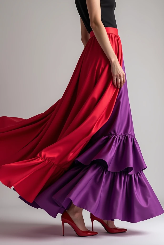 Create an image of a red and purple, layered, plain satin full skirt.