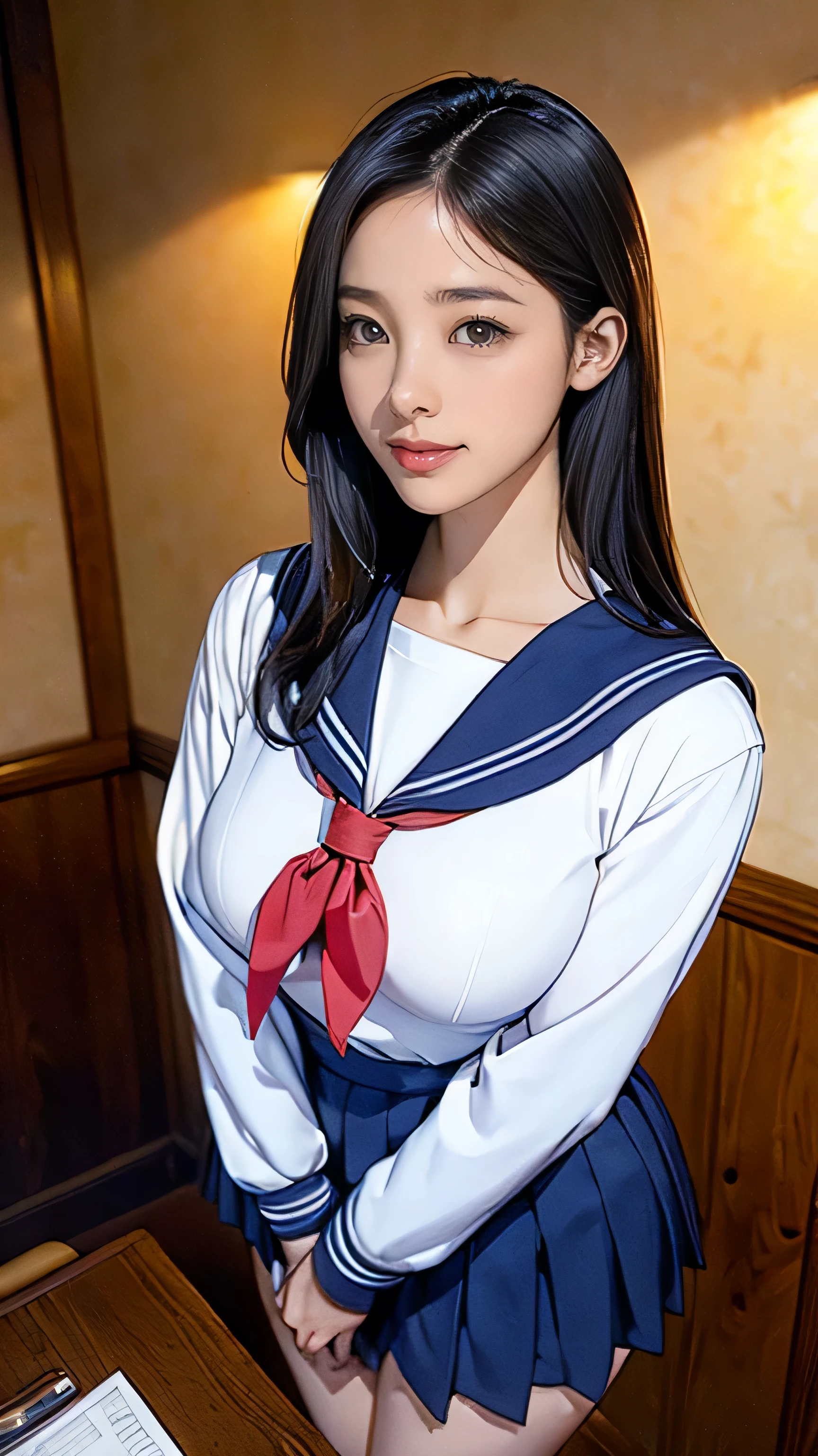 (masterpiece:1.2, Highest quality), (Realistic, photoRealistic:1.4), Beautiful illustrations, (Natural Side Lighting, Cinema Lighting), Beautiful thighs, Front view, 1 person, high school girl, 13 years old, Perfect Face, Symmetrical cute face, Glowing Skin, ランダムなカラーのSailor suit、 (Short Bob、Black Hair), Big eyes, long eyelashes chest), thin, expensive、 Beautiful Hair, Beautiful Face, Beautiful and beautiful eyes, Beautiful clavicle, Beautiful body, Beautiful breasts, Beautiful thighs, Beautiful feet, Beautiful fingers, ((High quality fabric, Sailor suit, Long sleeve、Navy Mini Pleated Skirt)), (Beautiful views),Are standing, (smile, wonderful, Open your mouth),Long brown hair、Loosely curled inward hair、Long hair that reaches down to the waist、