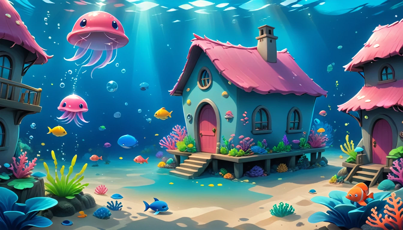 Hyper-realistic digital painting of a quaint underwater village encrusted with coral and seashells. Small, dome-shaped homes made from natural materials blend seamlessly with the marine environment. Close up a cartoon chibi adorable kawaii pink dolphin with big blue impressive watery eyes happily swim. Sea plants sway gently with the current, and colorful fish dart among the buildings. In the center of the village, an open square is illuminated by glowing jellyfish, with villagers in aquatic attire engaging in lively conversation. Cinematic composition, trending on ArtStation.