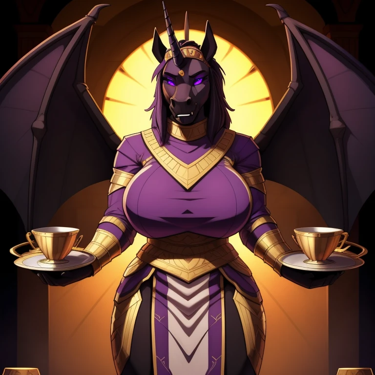 sengasally, black hair, hair over one eye, tan skin, 1girl, breasts, large breasts, short hair, horns, purple eyes, bob cut, purple lips, gold jewelry, looking at viewer, detailed, ((areola slip, bra)), purple nails, armlet, neck rings, bracelet, smile, seductive smile