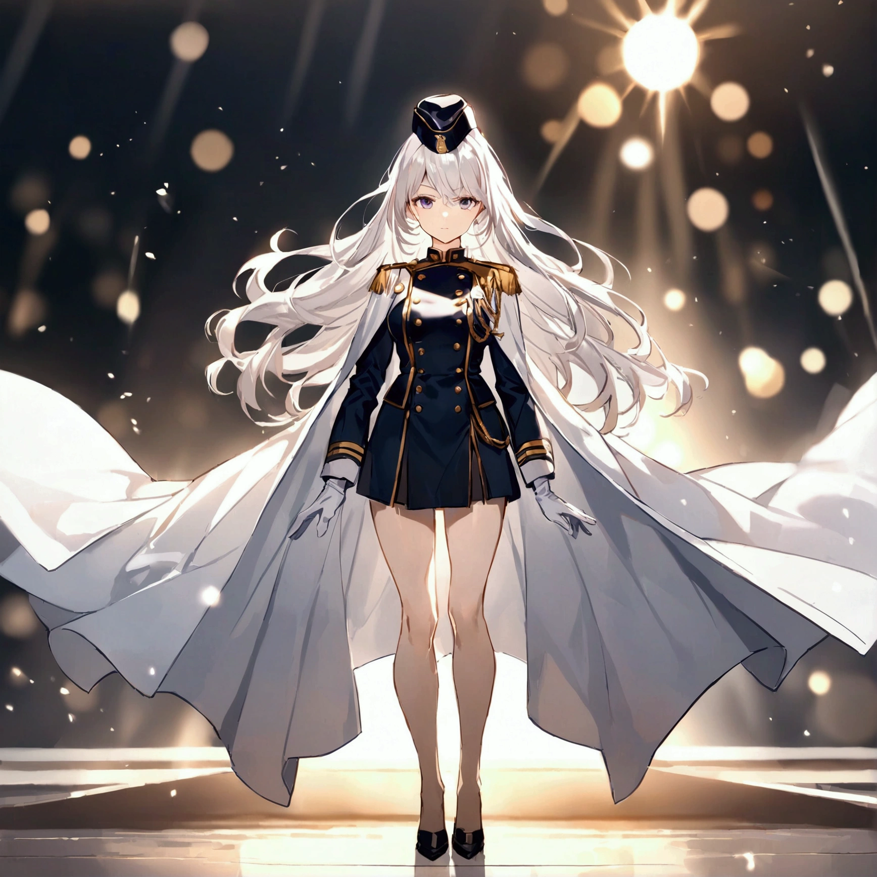 Office background, daytime, Military uniform, dark blue uniform, navy uniform, white glove, short white cape, military cap, military garrison cap, 1girl, white hair, shining hair, medium breast, full body shot, bokeh, epic, facing viewer,