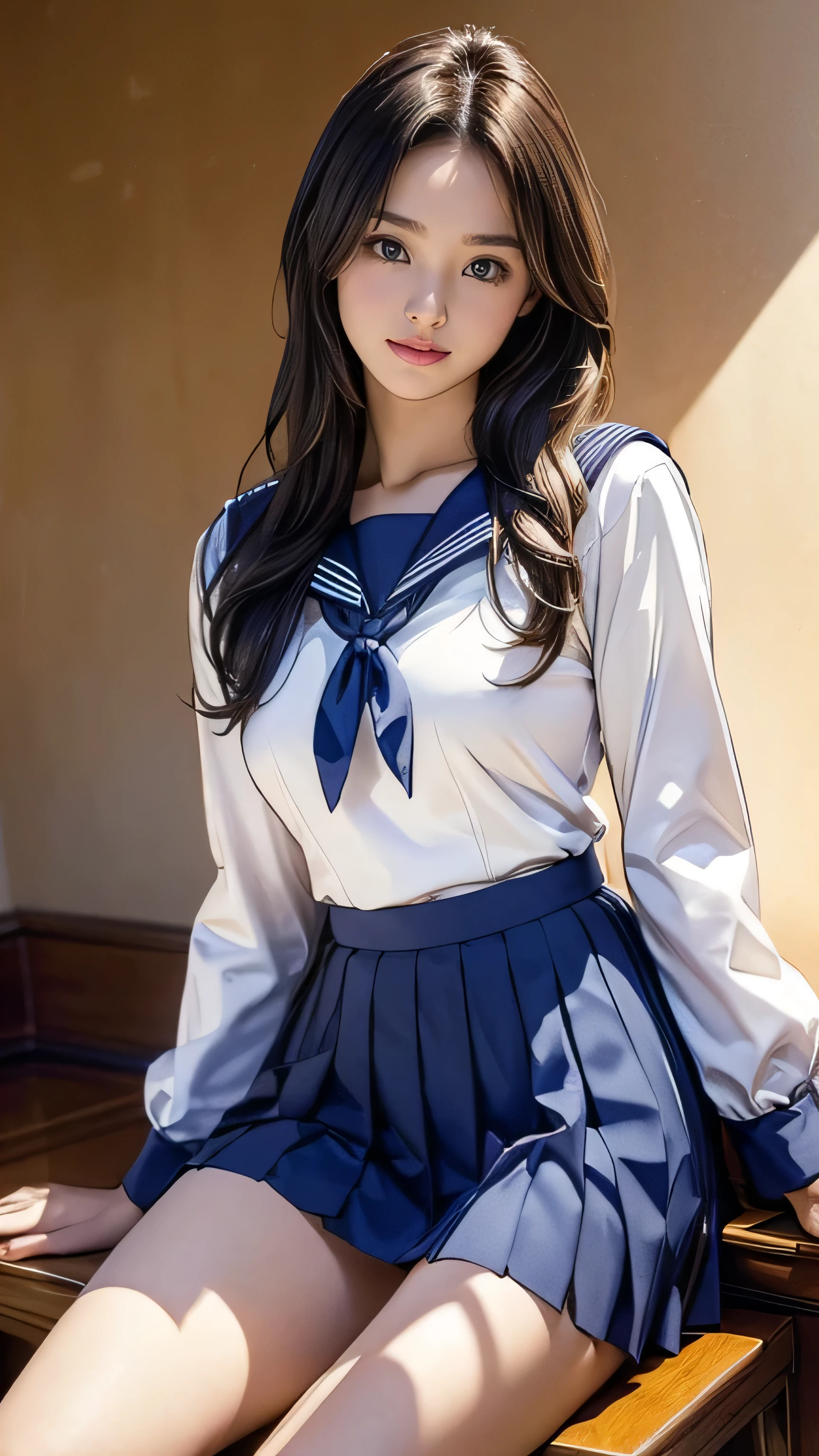 (masterpiece:1.2, Highest quality), (Realistic, photoRealistic:1.4), Beautiful illustrations, (Natural Side Lighting, Cinema Lighting), Beautiful thighs, Front view, 1 person, high school girl, , Perfect Face, Symmetrical cute face, Glowing Skin, ランダムなカラーのSailor suit、 (Short Bob、Black Hair), Big eyes, long eyelashes chest), thin, expensive、 Beautiful Hair, Beautiful Face, Beautiful and beautiful eyes, Beautiful clavicle, Beautiful body, Beautiful breasts, Beautiful thighs, Beautiful feet, Beautiful fingers, ((High quality fabric, Sailor suit, Long sleeve、Navy Mini Pleated Skirt)), (Beautiful views),Are standing, (smile, wonderful, Open your mouth),((Long brown hair、Loosely curled inward hair、Long hair that reaches down to the waist：1.4))、The right hand is touching the chin.、