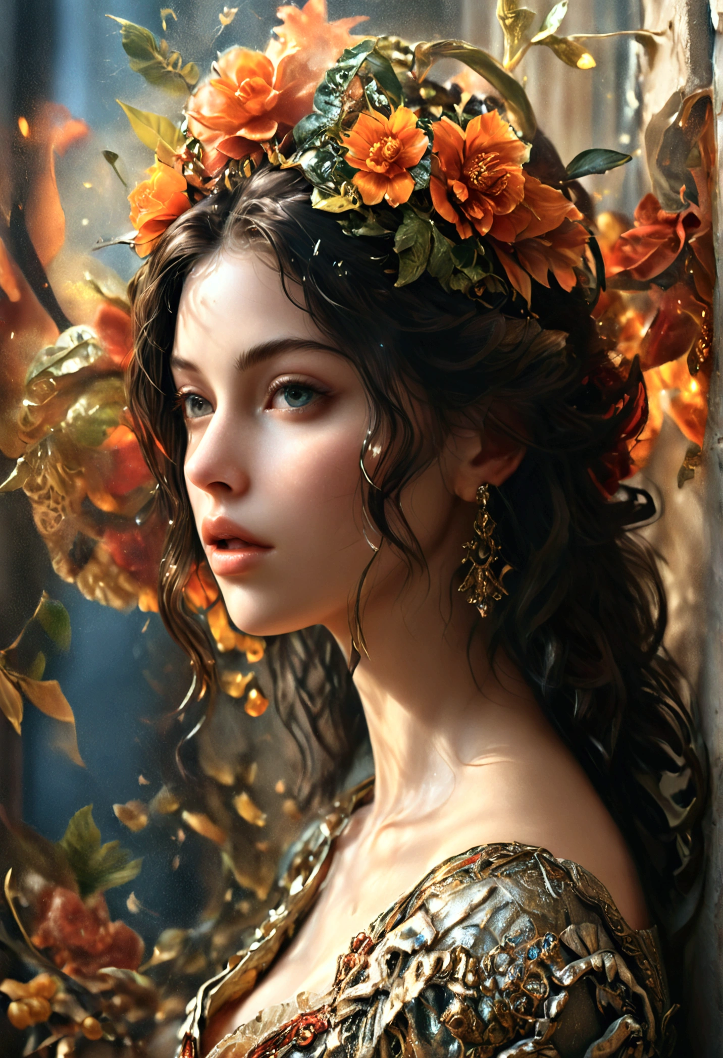 Beautiful girl, brunette, (((body from the knee up))), warm, slightly tanned skin, expressive face, crystal clear green eyes, detailed lashes and eyebrows, full red mouth, long curly black hair, dressed in the veil and dress detailed and intricate black on fine black tulle draped over the shoulders, profusion of delicate, iridescent and colorful crystal balls glued to the tulle and dress. Detailed studio dark background, red flowers, (((incidental white light in the hair))), image dazzles with beauty, in the highest quality, mesmerize, 8k, UHD.