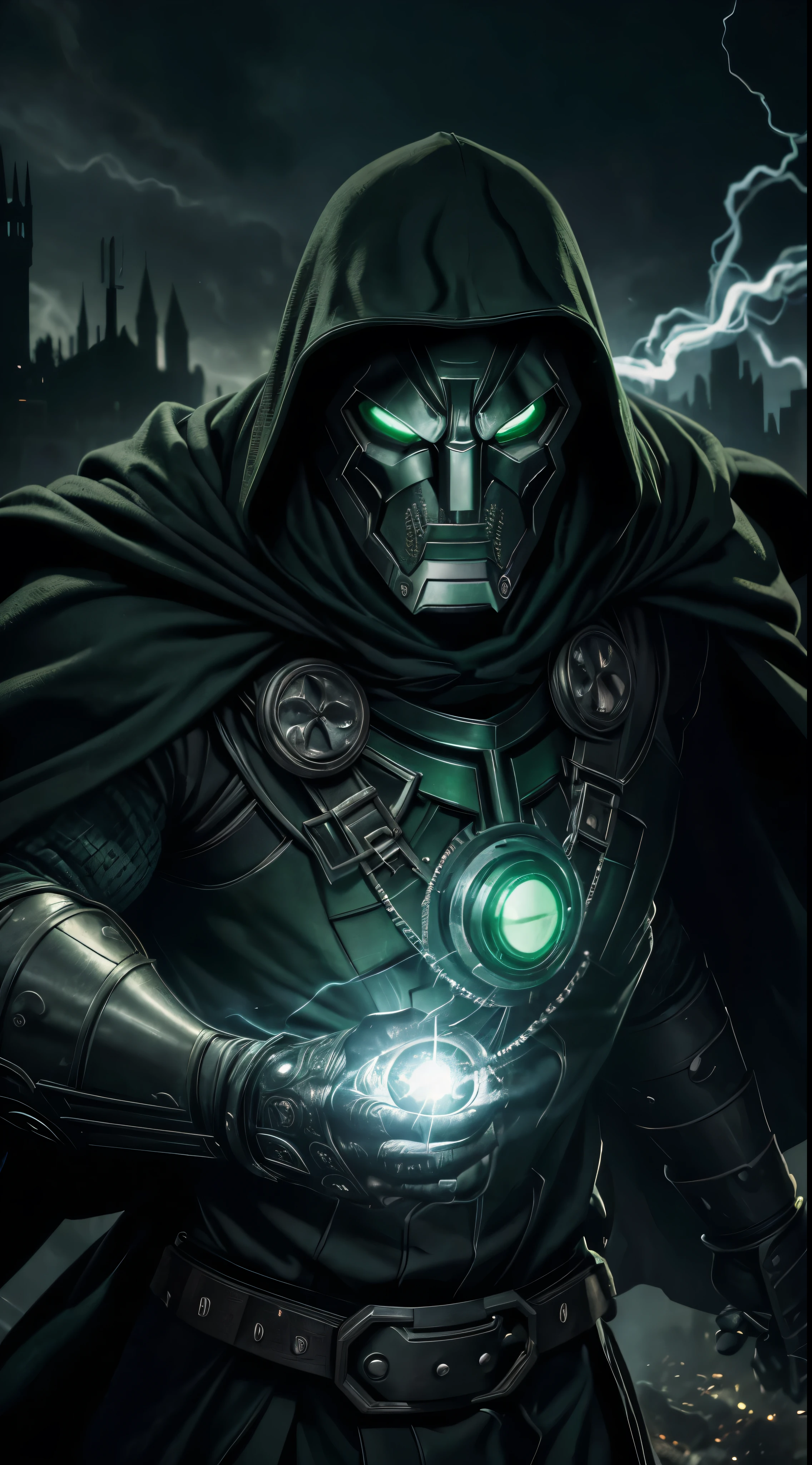 Doctor Doom Marvel, 35mm lens, photography, ultra-detailed, HDR, UHD, 8K, portraits, dark atmosphere, menacing expression, black cloak, iconic metal mask, glowing green eyes, intricate armor, smoke effects, dynamic pose, ruined cityscape, dramatic lighting, intense shadows, vibrant colors