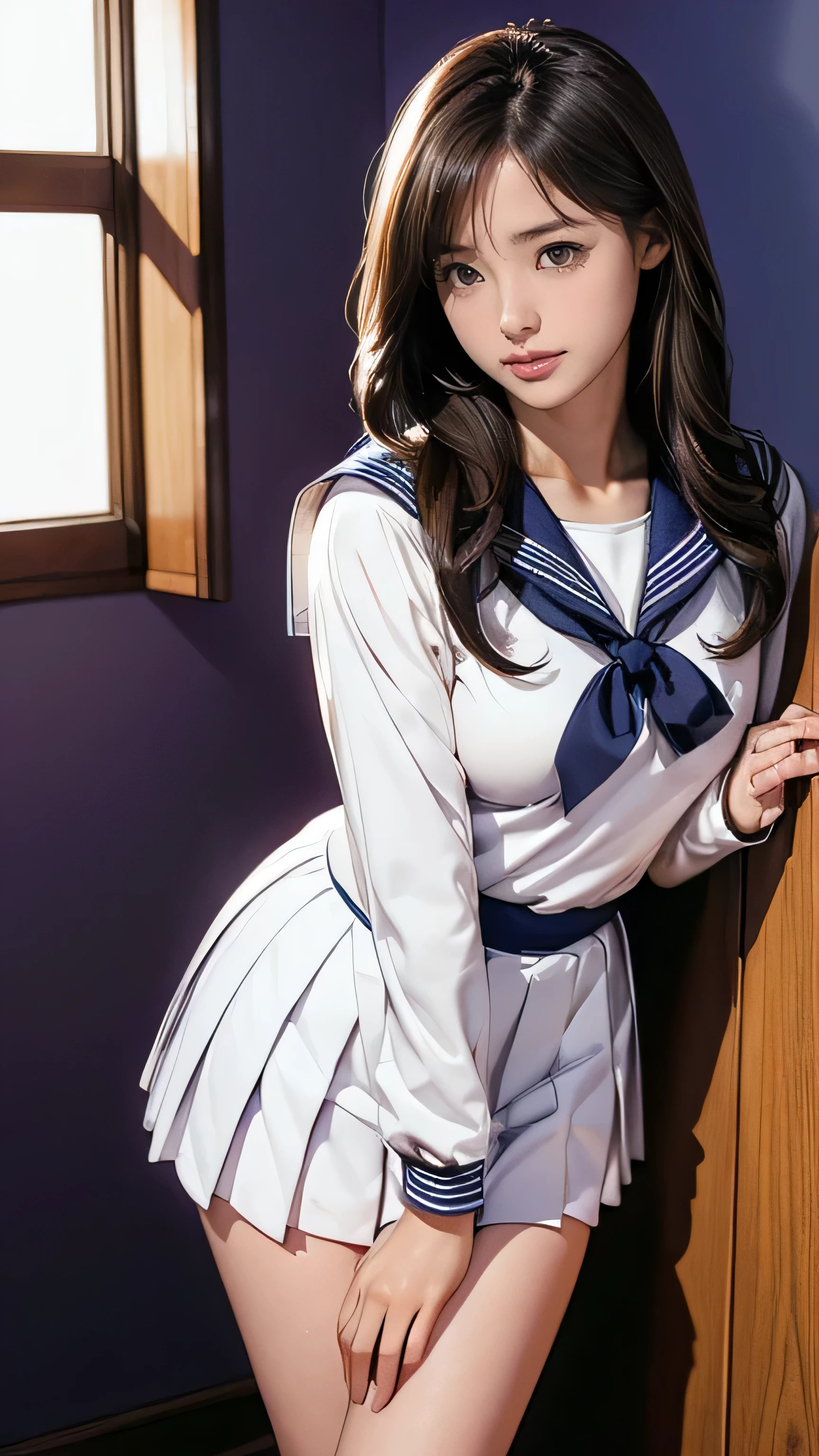 (masterpiece:1.2, Highest quality), (Realistic, photoRealistic:1.4), Beautiful illustrations, (Natural Side Lighting, Cinema Lighting), Beautiful thighs, Front view, 1 person, high school girl, 13 years old, Perfect Face, Symmetrical cute face, Glowing Skin, ランダムなカラーのSailor suit、 (Short Bob、Black Hair), Big eyes, long eyelashes chest), thin, expensive、 Beautiful Hair, Beautiful Face, Beautiful and beautiful eyes, Beautiful clavicle, Beautiful body, Beautiful breasts, Beautiful thighs, Beautiful feet, Beautiful fingers, ((High quality fabric, Sailor suit, Long sleeve、Navy Mini Pleated Skirt)), (Beautiful views),Are standing, (smile, wonderful, Open your mouth),((Long brown hair、Loosely curled inward hair、Long hair that reaches down to the waist:1.4))、The right hand is touching the chin.、