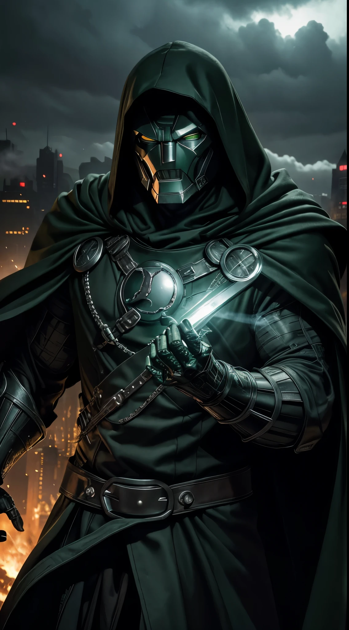 Doctor Doom Marvel, 35mm lens, photography, ultra-detailed, HDR, UHD, 8K, portraits, dark atmosphere, menacing expression, black cloak, iconic metal mask, glowing green eyes, intricate armor, smoke effects, dynamic pose, ruined cityscape, dramatic lighting, intense shadows, vibrant colors