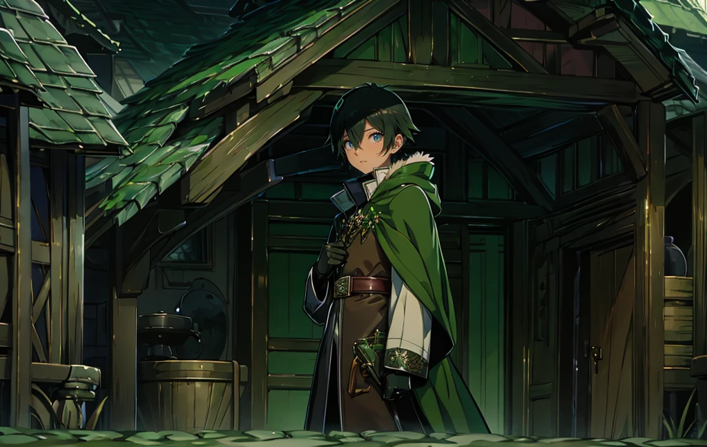 yuichiro hyakuya, (WithoutFear:1), 1 boy, black hair, green eyes, brown coat, gray armor, green shield, green cloak, dark brown gloves, town, white fur trim, tall, anime, standing, good quality, portrait, looking at viewer