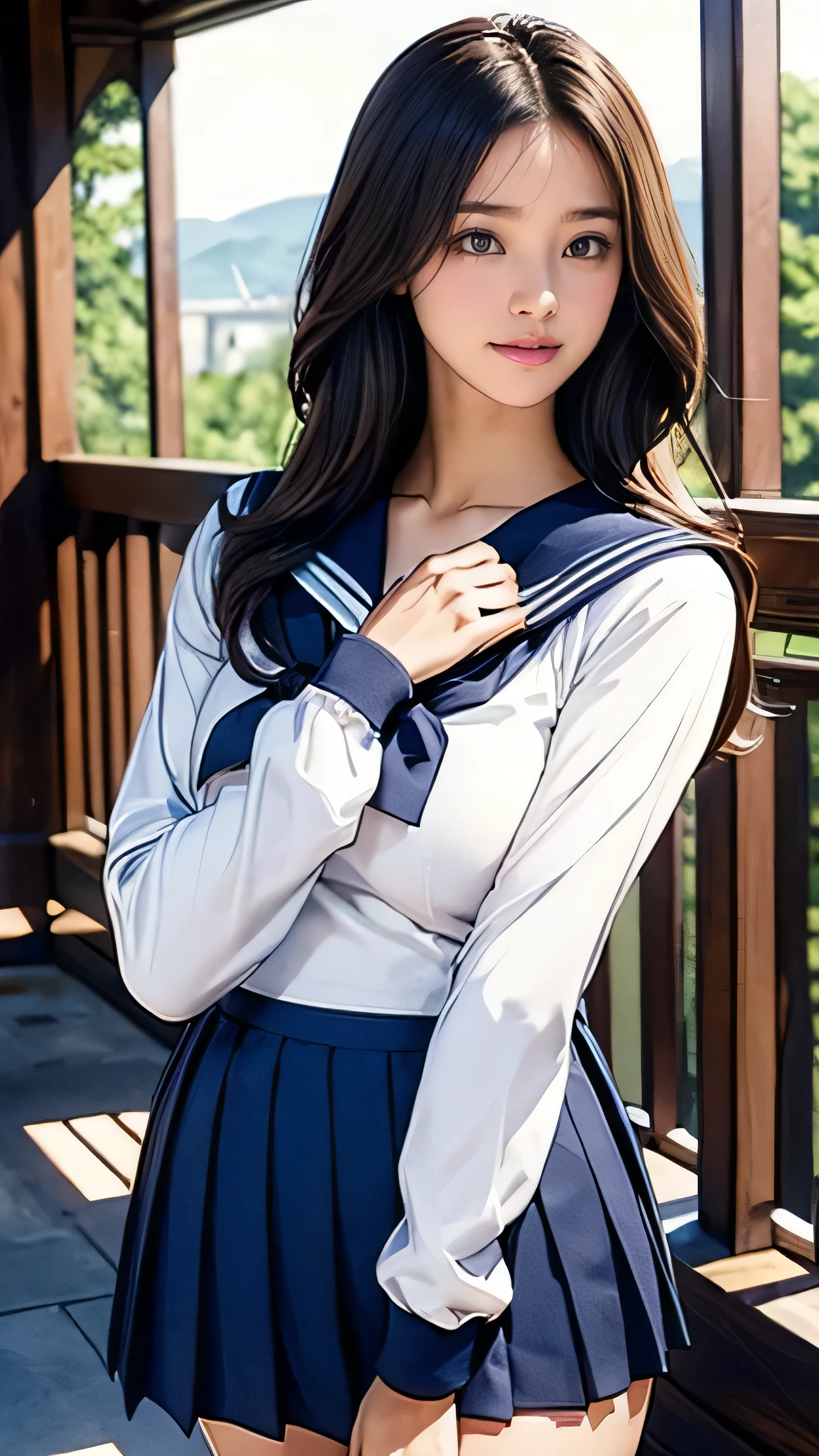 (masterpiece:1.2, Highest quality), (Realistic, photoRealistic:1.4), Beautiful illustrations, (Natural Side Lighting, Cinema Lighting), Beautiful thighs, Front view, 1 person, high school girl, 13 years old, Perfect Face, Symmetrical cute face, Glowing Skin, ランダムなカラーのSailor suit、 (Short Bob、Black Hair), Big eyes, long eyelashes chest), thin, expensive、 Beautiful Hair, Beautiful Face, Beautiful and beautiful eyes, Beautiful clavicle, Beautiful body, Beautiful breasts, Beautiful thighs, Beautiful feet, Beautiful fingers, ((High quality fabric, Sailor suit, Long sleeve、Navy Mini Pleated Skirt)), (Beautiful views),Are standing, (smile, wonderful, Open your mouth),((Long brown hair、Loosely curled inward hair、Long hair that reaches down to the waist:1.4))、The right hand is touching the chin.、