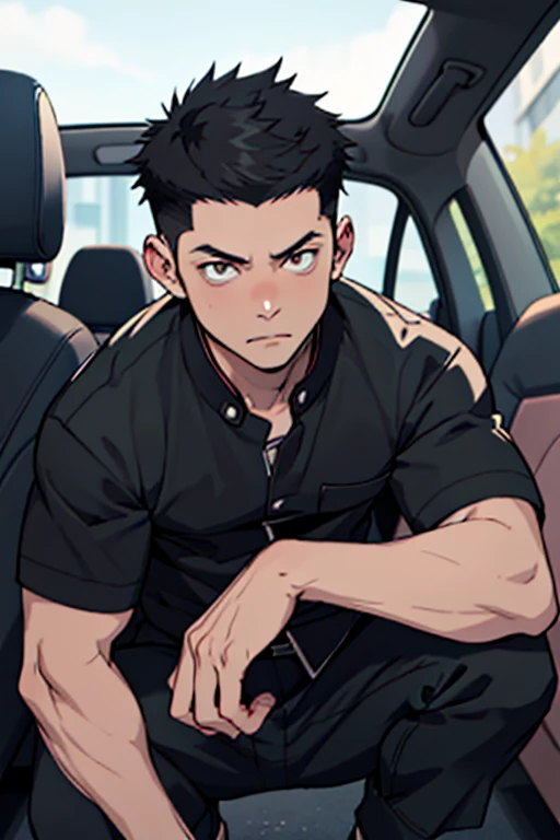 One boy, alone, Iris, Point pupils, Black Hair, short hair, gakuran, Black jacket,Red Shirt、Black Belt, Black trousers, bad、Inside the car、Squat with your legs apart, Upper Body