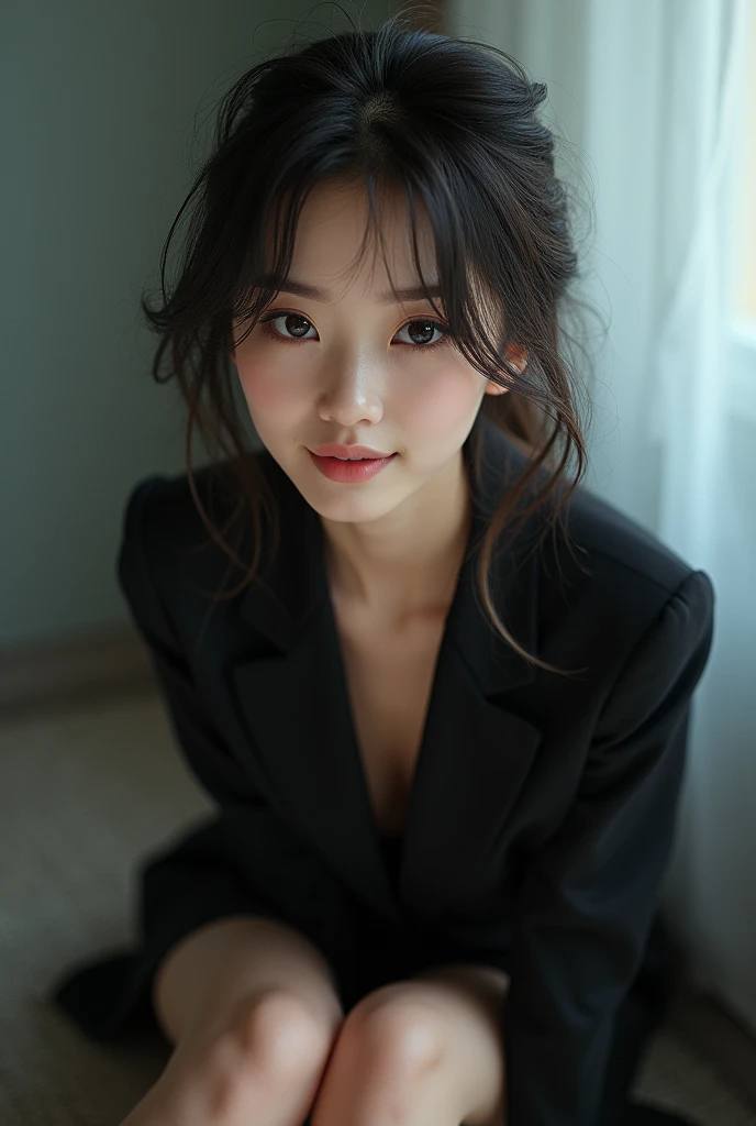 masterpiece: 1.25, Highest quality, High resolution:1.35, RAW Photos:1.2, Realistic:1.37, Surreal, 16K, Japanese((1 person)), Cute Face, Long eyelashes, Thin lashes, eye shadow, Shining Eyes, Realistic eyes, Natural Makeup, Distinct facial features, Curvaceous physique, skinny, Slender body, Beautiful and beautiful eyes: 1.2, Happy expression, Ulzzang, Sexy thighs, Glowing Skin, Photon Mapping, Cinema Lighting, On all fours、(suit、OL Uniform),  Small and taut breasts