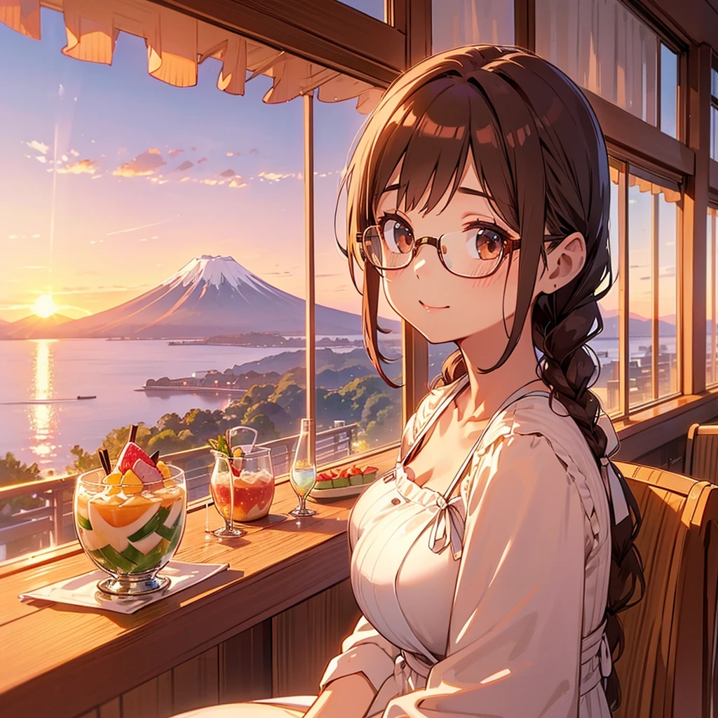 1 cute girl with long braided brown hair, braid with ribbon, glasses, white onepiece dress, (large breast:1.3), sitting at a table in a restaurant with a view of the sea and Mt. Fuji in the distance, sunset sky, melon parfait on the table, looking out the window