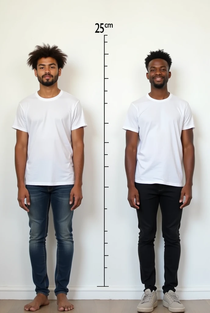 A before and after picture of a 25 years old light brown skinned man who increased his height by ten centimeters, make him stand in front of a white wall, make him wear a t shirt