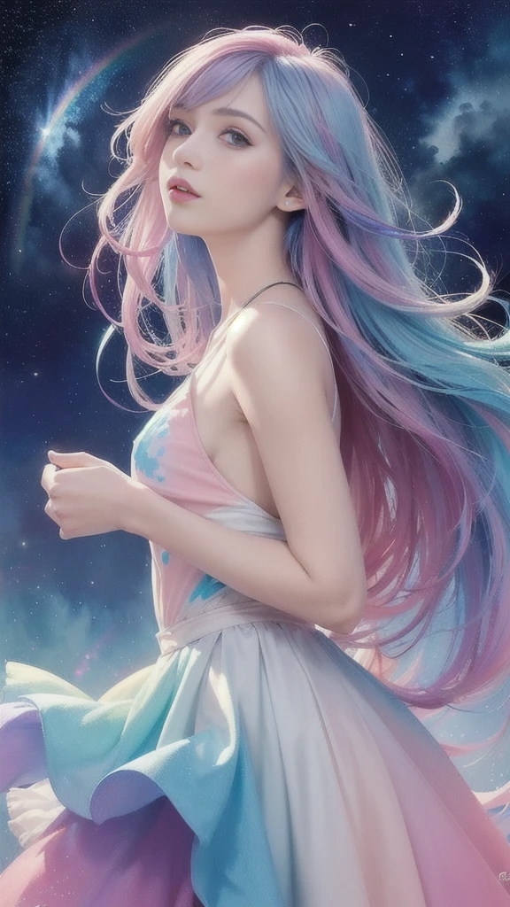 (masterpiece, Top quality, best quality,watercolor (Moderate),Official Art, beautiful and aesthetic:1.2),(1 Girl:1.3), (Fractal Art:1.3),Upper Body, from the side, Looking at the audience,model,(Rainbow Hair,rich and colorful hair,Half blue half pink hair:1.2),water,liquid, cloud,rich and colorful, Starry Sky,Star,