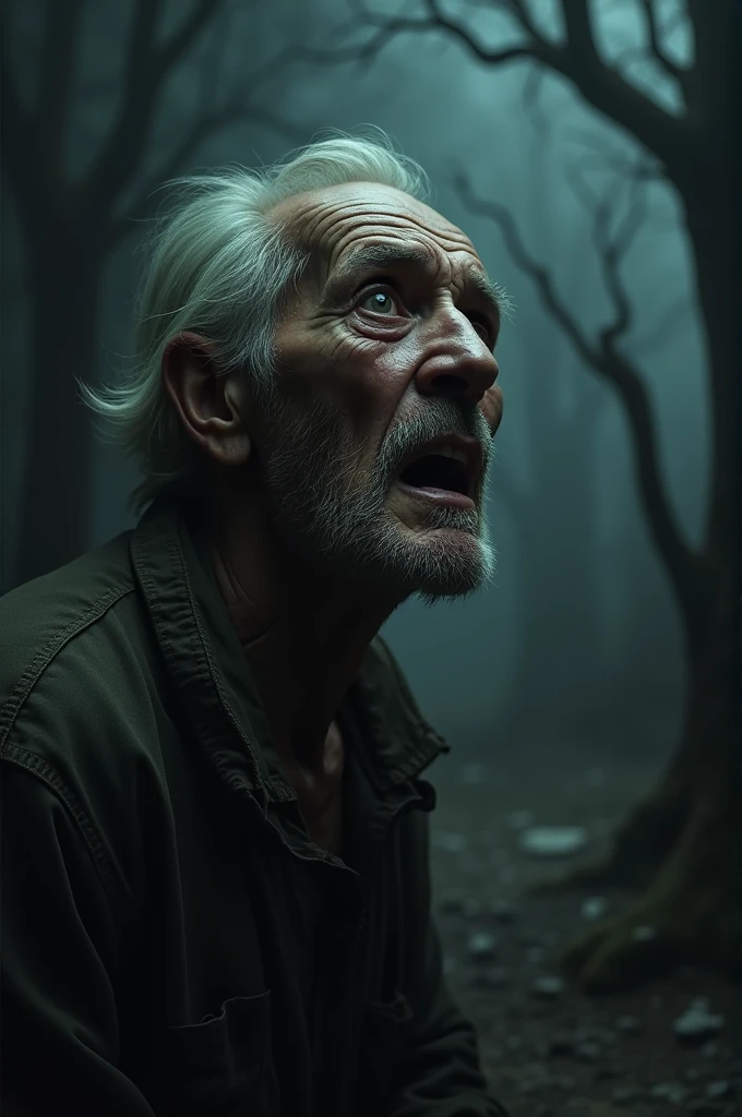 an old man with a scared look on his face looking to the side in a dark place where you can barely see anything, just a few old trees