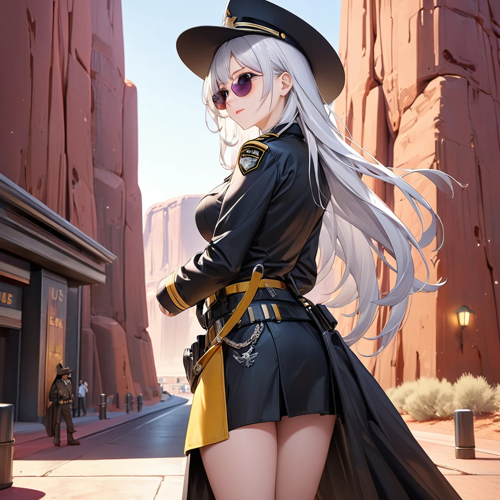 A woman wearing a western sheriff's uniform, black uniform with yellow details, black sheriff's hat with yellow details, pistol on her waist, black skirt, black leather boots, wearing sunglasses, purple eyes, white hair, long hair, an eagle hanging from the shoulder, standing upright, breasts big, (Azur_lane, Uss_Enterprise), in a faroest city, on a concrete sidewalk, Monument Valley location,UHD , prime work , accurate , anatomically correct , textured skin , super details , high quality , best quality, 8k, high resolution, bokeh effect. (woman alone), close view
