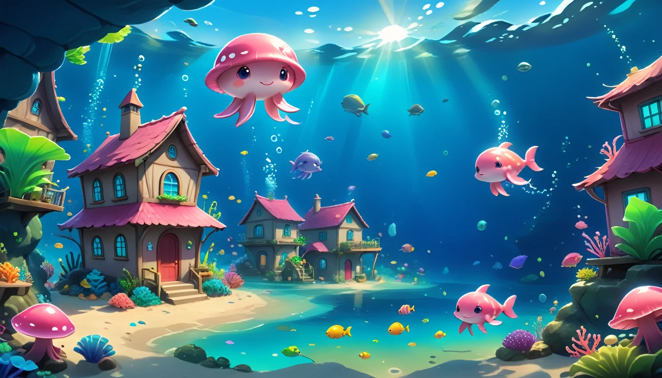 Hyper-realistic digital painting of a quaint underwater village encrusted with coral and seashells. Small, dome-shaped homes made from natural materials blend seamlessly with the marine environment. Close up a cartoon chibi adorable kawaii pink dolphin with big blue impressive watery eyes happily swim. Sea plants sway gently with the current, and colorful fish dart among the buildings. In the center of the village, an open square is illuminated by glowing jellyfish, with villagers in aquatic attire engaging in lively conversation. Cinematic composition, trending on ArtStation.