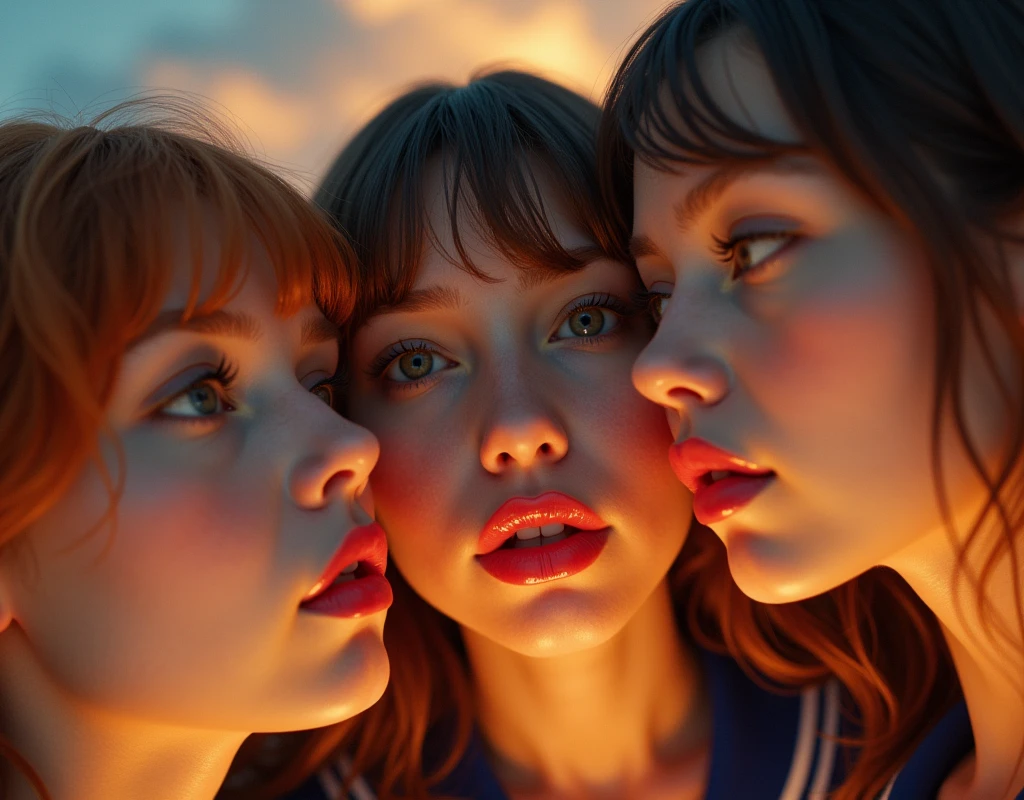 (((masterpiece))), (((Highest quality))), ((Very detailed)), (photograph), Best_Quality, HDR, photorealistic masterpiece, Hi-Res, (paparazzi photo:1.2) of a group of 3SchoolGirls Surrounding the camera in Upward composition, (European face variations:1.4), {Looking down at the camera | (Kissing face to face)}, (close:1.2, Face closeup from below:1.4), (Sky background), real skin pores. Extremely Detailed face variations, detailed Eyes, eyelashes, red lips with beautiful details, natural photorealistic skin. SchoolUniform, {Different types of hair colors | blond, redhead, brunette} , Different types of faces and races. Cinematic lights. Masterpiece, best quality, 8K, photo realistic, wallpaper, wallpaper 8k, photographic contest winner, Hyperrealistic art cinematic film still photography in the style of detailed hyperrealism photoshoot. [Entire scene is surrounded by lights, evoking a magical and eerie atmosphere. The lighting is bright and atmospheric, with smoke adding a touch of sinister ambiance. Best quality image, HDR enhancement, showcasing the utmost level of detail and realism]. [8K, Best Quality, Ultra High Resolution, (highly detailed CG unity 8k wallpaper), (best photo), (best shadows), isometric 3D, octane rendering, ray tracing, highly detailed, (Best quality, 4K, 8k:1.2), absurdity, ultra detailed, (realistic, photorealistic, photorealistic:1.37), complex parts, HDR, (complex parts:1.12), (hyper detailed, hyper realistic, Soft lighting, spicy:1.2), (complex parts, Hyper detailed:1.15). Blurred foreground. (backlit), masterpiece, high quality, brightness, chromatic aberration, foggy smoke, shadows, contrast, clear sky, (warm hue, warm tone), high details, natural reflections].