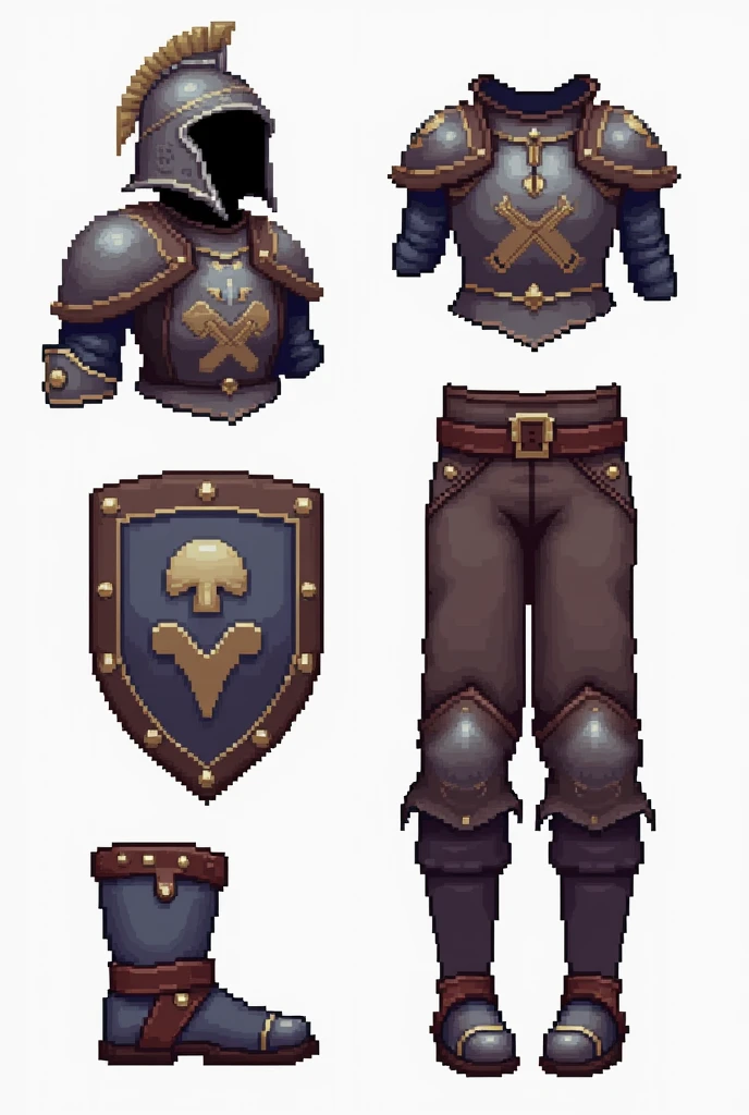 Create Helmet, armour, pants, Shield and Boot, based on the game Tibia, each item with size 64x64 pixels.