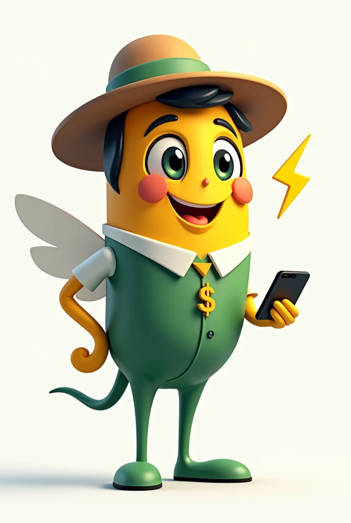 Create a mascot for the startup Pague Bem Brasil, a fintech focused on automated billing solutions and efficient communication with clients through channels like WhatsApp. The mascot should represent the company's values: innovation, efficiency, accessibility, and a friendly yet professional approach. The design should be inspired by the colors and style of the company’s official logo, which uses green, yellow, and white, and it must incorporate the dollar sign, which is the brand's symbol.
The mascot should have a modern and approachable appearance, embodying the culture of the Northeast region of Brazil by wearing a traditional 'chapéu de cangaceiro.' It should have a friendly face with expressive eyes and a big smile. The design should include elements that symbolize efficiency and agility, such as a lightning bolt or subtle dynamic lines. The dollar sign should be prominently displayed on its chest.
The mascot should also have the ability to fly, with subtle wings or another creative flying feature, symbolizing its role in swiftly assisting clients on the platform. The character should be versatile, able to adapt to different situations from friendly interactions to more formal moments. The overall color scheme should be green, yellow, and white, consistent with the company’s branding.