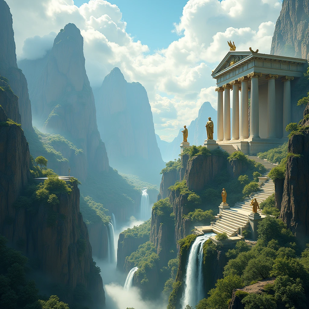 "We see a majestic landscape of steep slopes, cloud covered mountains rising high. On top of the highest mountain, imposing marble temples with enormous columns and pediments decorated with elaborate sculptures stand out. Between the temples, golden statues of Greek gods like Zeus, Athena and Apollo stand out. Wide paths cross the mountain between verdant gardens and crystal clear springs. From a distance, waterfalls cascade down steep cliffs. Above all hovers an ethereal, divine atmosphere, with sunbeams piercing the clouds and illuminating this abode of the gods elevated above the mortal world."