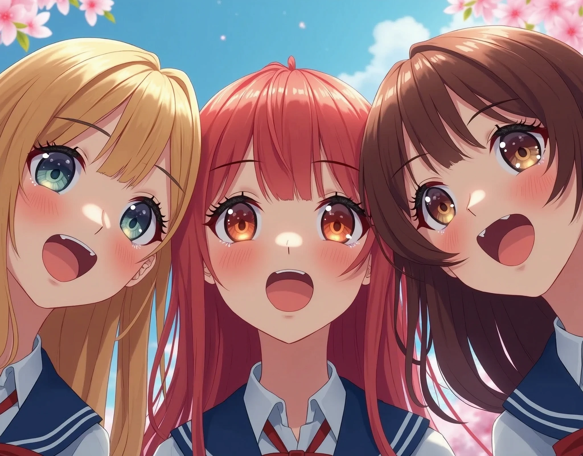 Best_Quality, HDR, masterpiece, Hi-Res, (Acutance:0.85), (realistic and photorealistic with touch of rawness:1.37), (group photo:1.6), ((3SchoolGirls Surrounding the camera in Upward composition)), Panoramic, (European face variations:1.4), { Looking down at the camera | (Kissing face to face) }, (((close:1.2, Face closeup from below:1.4))), (((Sky background)) with CherryBlossoms) . Extremely Detailed face variations, captivating gaze, elaborate detailed Eyes with (sparkling highlights:1.32), long eyelashes、Glossy RED Lips with beautiful details, Coquettish tongue, Rosy cheeks, Glistening ivory skin . { (Dynamic joyful expressions) | (Kissing) }, Childish, SchoolUniform, { Different types of hair colors | blond, redhead, brunette} , Different types of faces and races