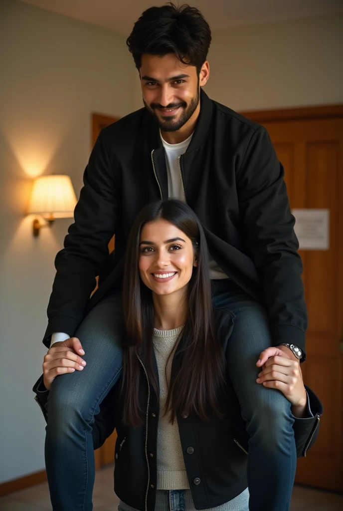Create a realistic photograph of a smiling and beautiful indian actress in black jacket carrying a large man on her shoulders in a room, man is sitting on top of her shoulders , man on top, woman at bottom