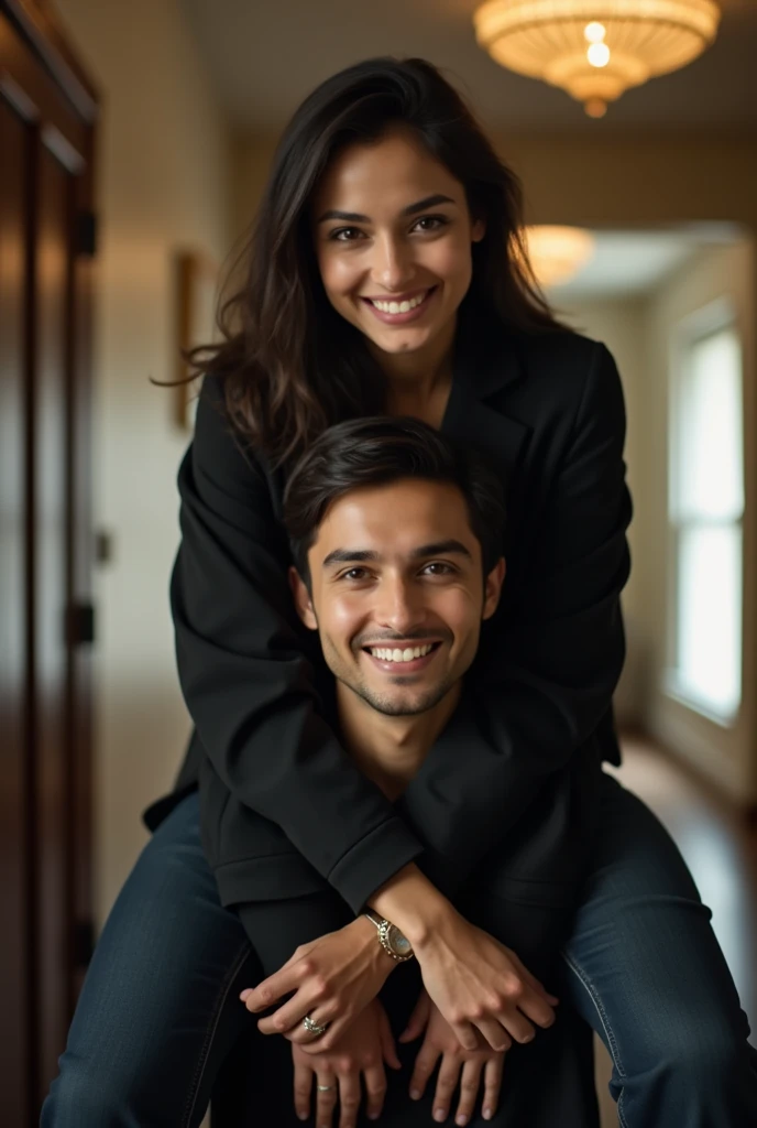 Create a realistic photograph of a smiling and beautiful indian actress in black jacket carrying a large man on her shoulders in a room, man is sitting on top of her shoulders , man on top, woman at bottom