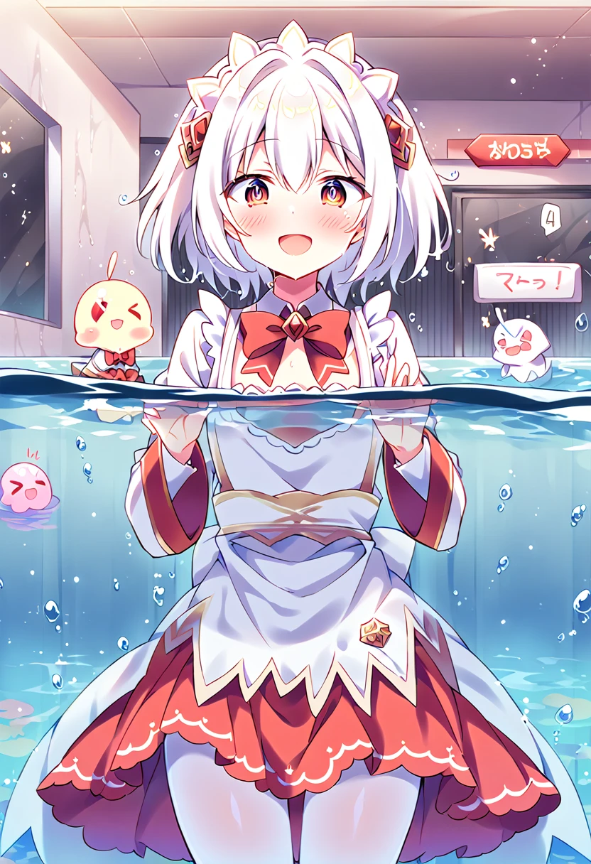 score_9, score_8_superior, score_7_superior, sauce_anime, masterpiece, One person, work, Black and white clothes, Apron dress, maid, Red bow tie, Long sleeve, Flat Chest, White Pantyhose, loafers, White socks、Cowboy Shot, View your viewers, indoor, Open your mouth, Shiny Hair, smile, Open your mouth, cuteポーズ, (Completely flooded)、Soaked in water、Transparent pool, Water Play, Skirt fully open、Long wide skirt、cute、blush、Watery eye、Lots of water、Soaking wet、((The skirt spreads out on the water.))、(drowning)、