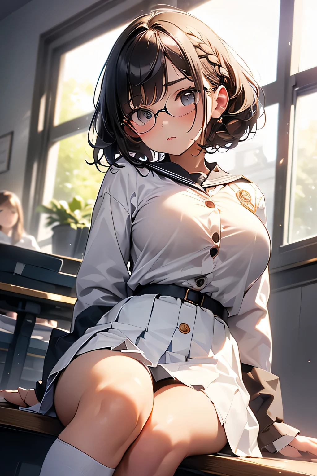 Highest quality、High resolution、Detailed Background、(Beautiful face in every detail:1.4)、Anatomically correct、(Normal number of fingers:1.2)、Highly detailed face、(Detailed eyes:1.2)、Teenage beauty、(Huge breasts:1.2)、Perfect body line、Braided bob cut、ponytail、Wavy Hairstyle、well-groomed eyebrows、Glasses、Sailor suit、JK Uniform、Pleated skirt、White Stockings、look at me with cold eyes、blush、
(The button on her uniform is broken and her breasts are spilling out:1.5)、(View from below of a girl sitting at a desk:1.5)、(Underboob:1.2)、Panty shot、cute
