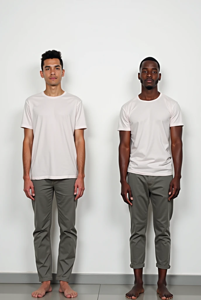 A before and after picture of a 25 years old light brown skinned man who increased his height by twelve centimeters, make him stand in front of a white wall, make him wear a t shirt