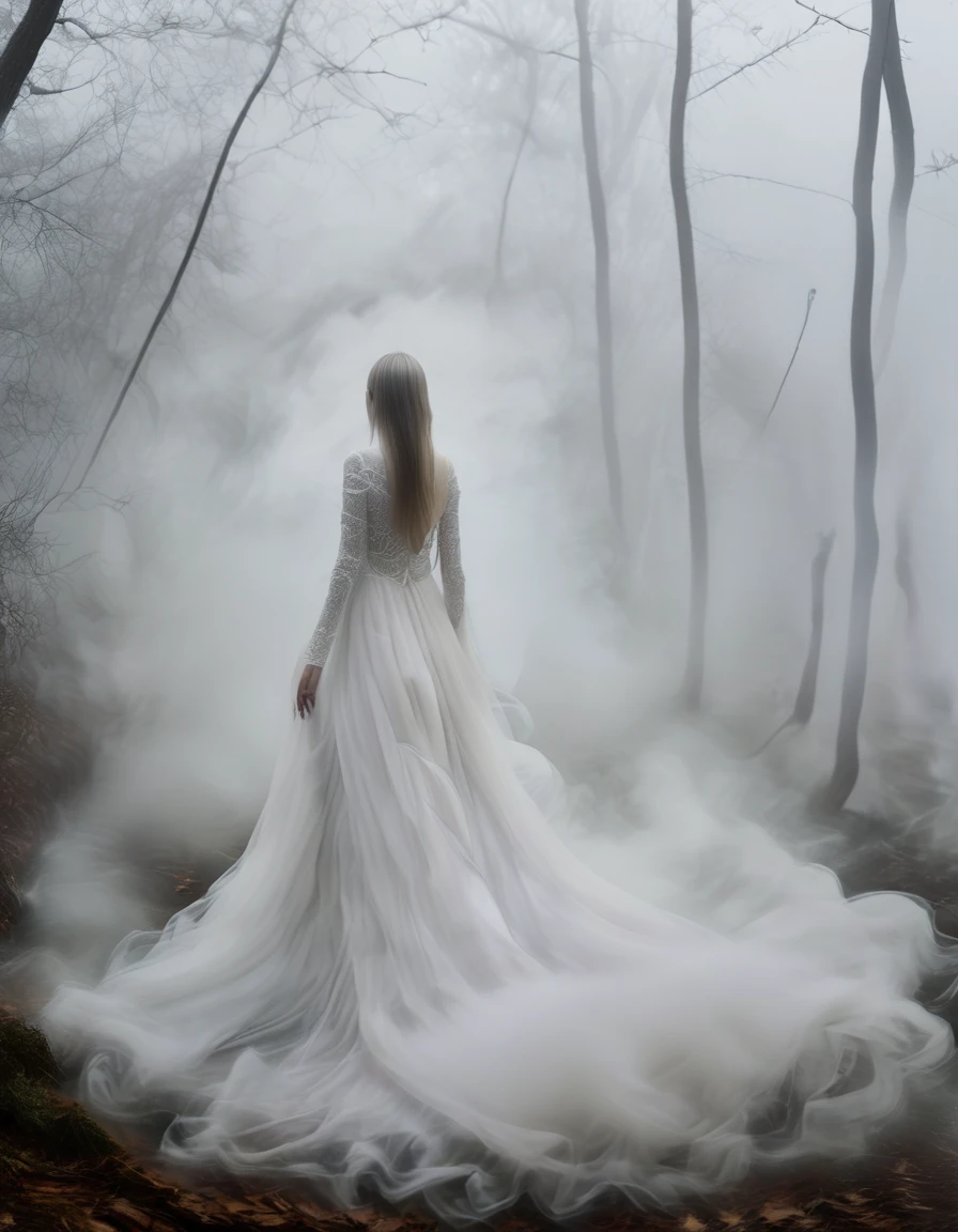 dress made of fog:1.2, msfg, fog, walkwoman:1.2, in the woods, fog background, high detailed, high quality, masterpiece, depth of field, full body shot, high resolution, 32k, dramatically over flown long and flowing white fog dress, silver long straight fog hair, hollowfication, from front