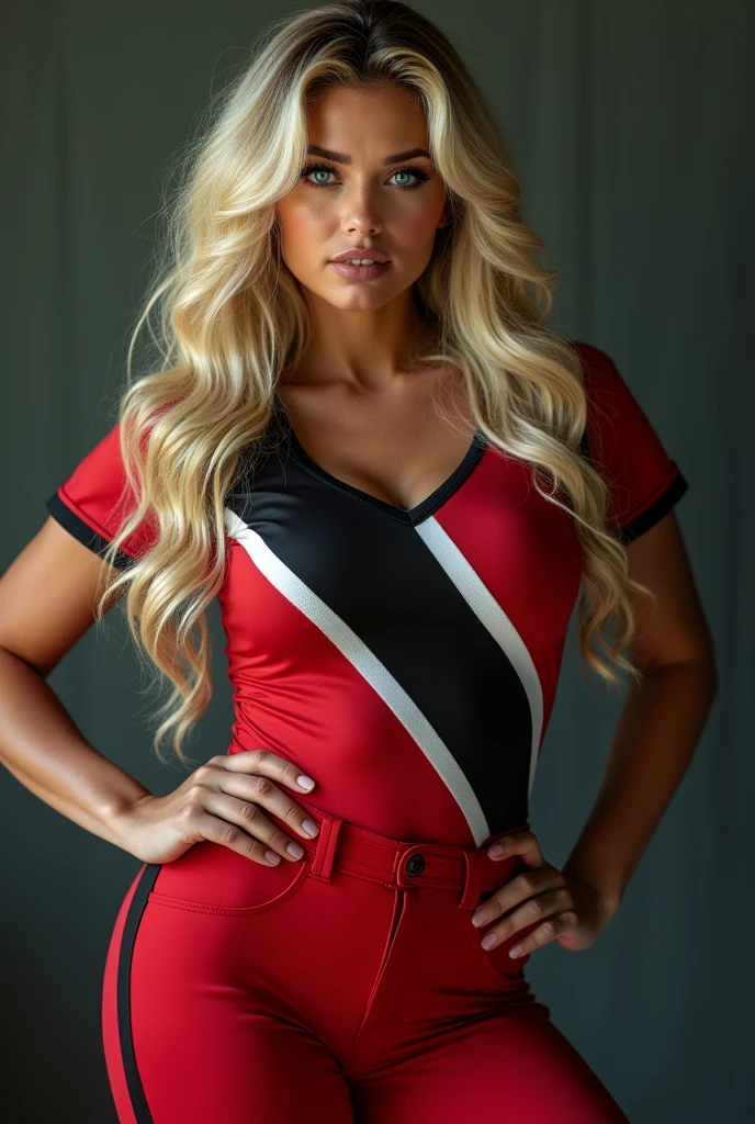 a voluptuous blonde girl with blue eyes wearing a slutty softball uniform in the colors of the trinidad flag, red, black and white, wide hips, thick thighs, big round ass, (best quality,4k,8k,highres,masterpiece:1.2),ultra-detailed,(realistic,photorealistic,photo-realistic:1.37),beautiful detailed eyes,beautiful detailed lips,extremely detailed eyes and face,longeyela shes,solo,portrait,dynamic pose,cinematic lighting,highly saturated colors,vibrant