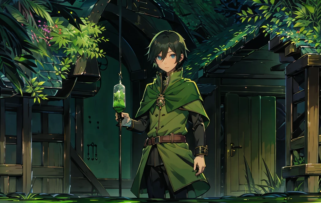 yuichiro hyakuya, (WithoutFear:1), 1 boy, black hair, green eyes, brown coat, gray armor, green shield, green cloak, dark brown gloves, town, white fur trim, tall, anime, standing, good quality, portrait, looking at viewer