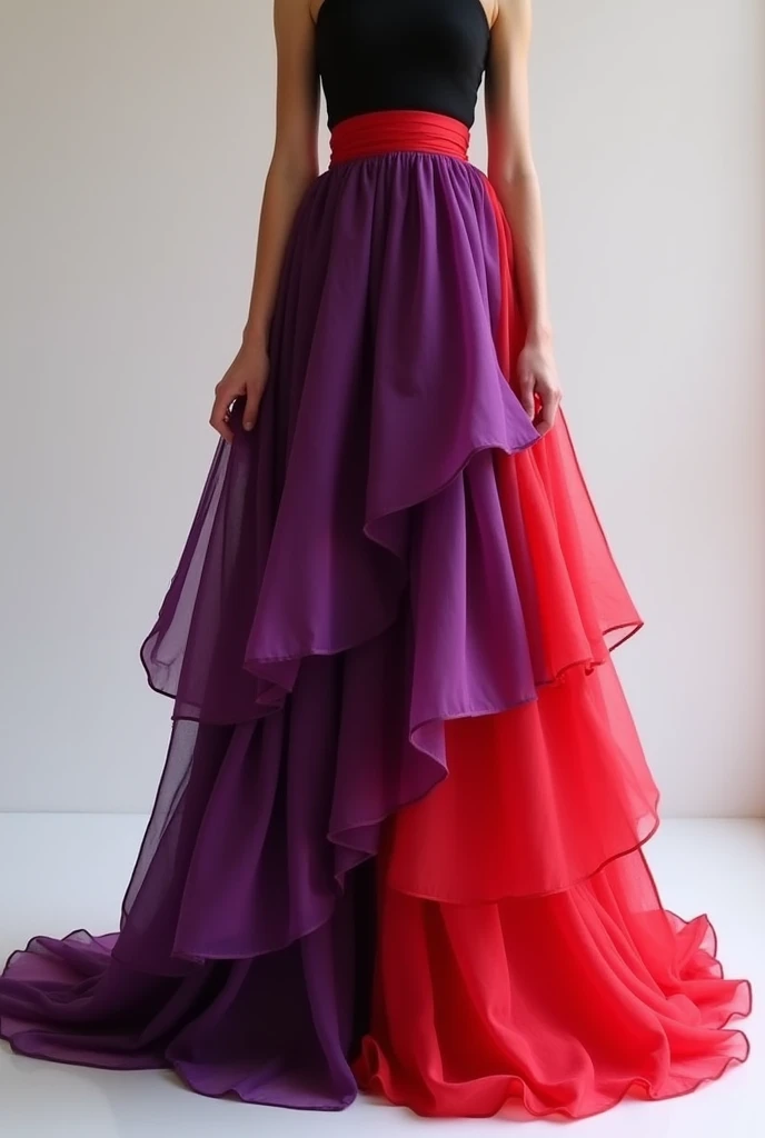 Create an image of a red and purple, layered, plain satin full skirt.