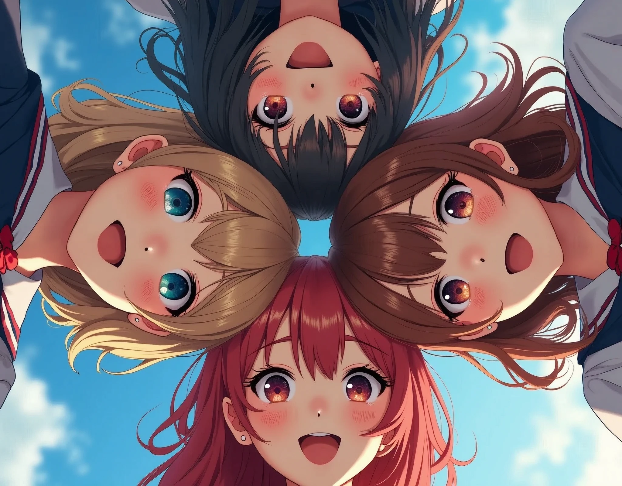 Best_Quality, HDR, photorealistic masterpiece, Hi-Res, (group photo:1.6), ((3SchoolGirls Surrounding the camera in Upward composition)), Panoramic, (European face variations:1.4), { Looking down at the camera | (Kissing face to face) }, (((close:1.2, Face closeup from below:1.4))), (((Sky background)) real skin pores) . Extremely Detailed face variations, captivating gaze, elaborate detailed Eyes, long eyelashes、Glossy RED Lips with beautiful details, natural photorealistic skin . { (joyful expressions) | (Kissing) }, SchoolUniform, { Different types of hair colors | blond, redhead, brunette} , Different types of faces and races