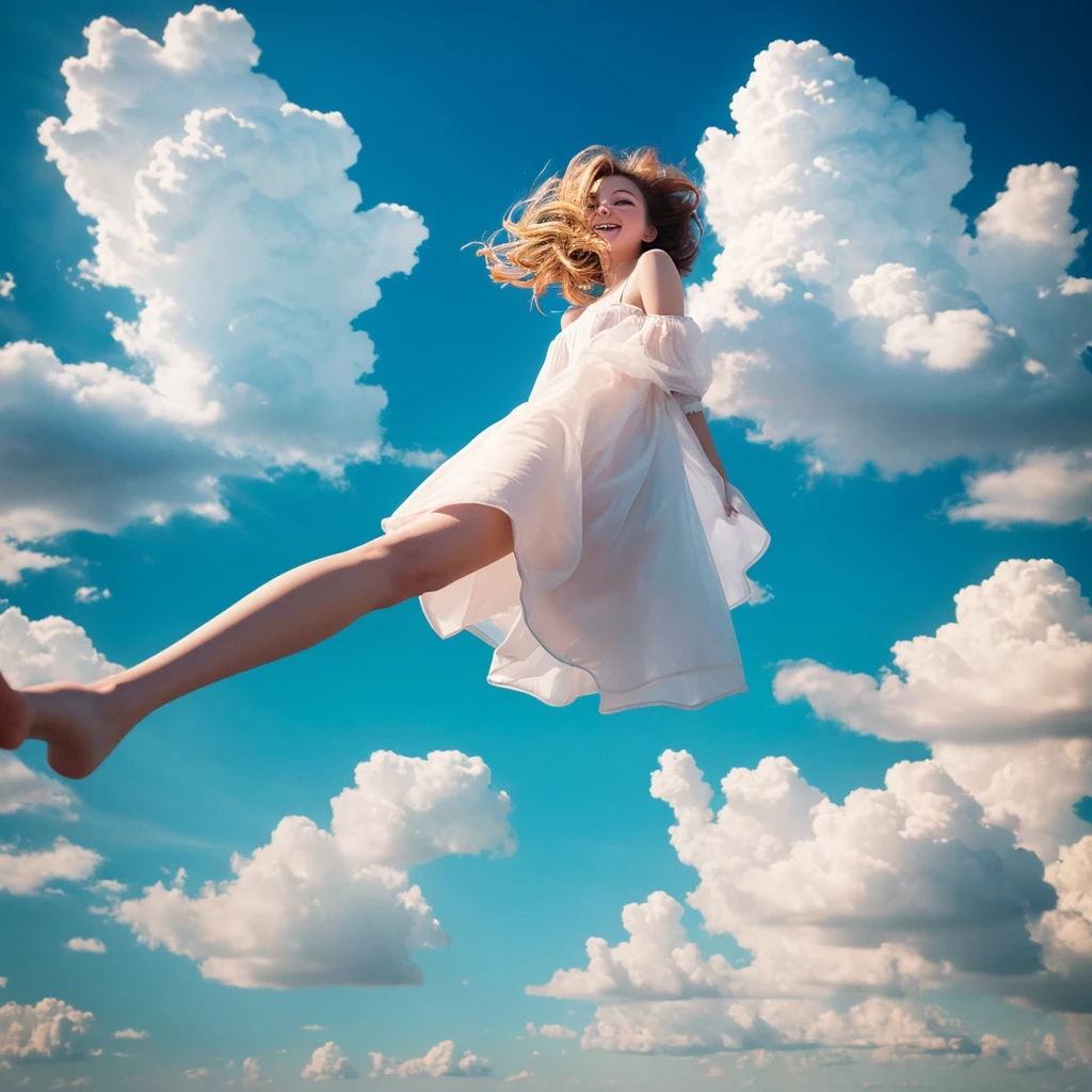 masterpiece, Highest quality, Movie stills, One person, Floating in the sky, cloud girl, cloud, (close:1.1), bright, Happy, fun, Soft lighting, (Bauhaus, shape, OK, Abstract:1.1)