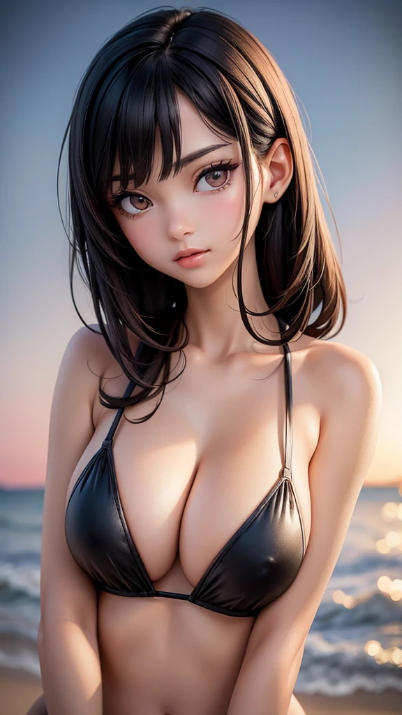 Pose: 1_girl, solo, 25-years-old korean girl. slender and medium breast. brown eyes standing with arms confidently crossed in front of her chest, with a powerful and assertive posture.
Expression: Confident and composed, with a soft smile or a subtle, knowing gaze that conveys elegance and poise.
Attire: Chic and sophisticated black bikini.
Hair: short black hair and bangs in the frontthat add to the overall elegance.
Makeup: Polished and refined, with defined eyes and lips, enhancing her features in a subtle yet impactful way.
Background: dusk beach background
Lighting: Soft, low lighting that highlights her face and form, creating a sophisticated atmosphere.
Mood: Elegant, poised, and confident.