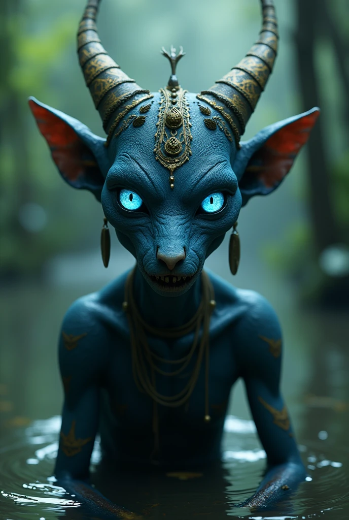 ((UHD)), ((4K)), ((super detail:1.5)), ((high quality:1.5)), ((masterpiece:1.6)), ((retina:1.4)) BREAK an eerie African water sprite demon, the Tikoloshe | Tokoloshe | Hili, with intensely glowing blue eyes, deep-set and menacing, intricately detailed blue skin with faint tribal markings, and elongated facial features. The creature's head is adorned with natural elements like leaves, feathers, and small golden trinkets, giving it a mystical and ancient appearance. The background features a murky, greenish swamp, with subtle light filtering through, enhancing the otherworldly atmosphere. The lighting is soft yet ominous, creating deep shadows that highlight the creature's unsettling presence. Photorealistic, capturing the unsettling nature of African folklore, inspired by the styles of Zdzisław Beksiński, H.R. Giger, and Greg Rutkowski.