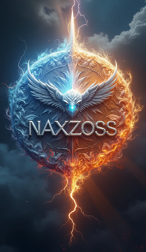 mythological logo word "NAXZOSS", blast, thunder, universe, feather, fairies, burning plants,blood born, realistic, 8k ultra HD, blood, silver, golden, white, crystal clear, 3D, mythology, Sci-Fi, creatures, Storm, Fire, Winter, Summer, globe, red-white partition, word title "NAXZOSS"