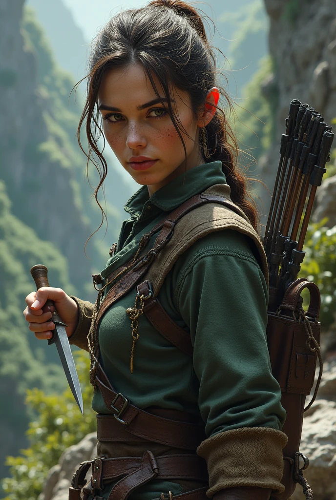 A female ranger who uses a bow and two daggers as weapons, She was formerly a bounty hunter who hunted people for payment